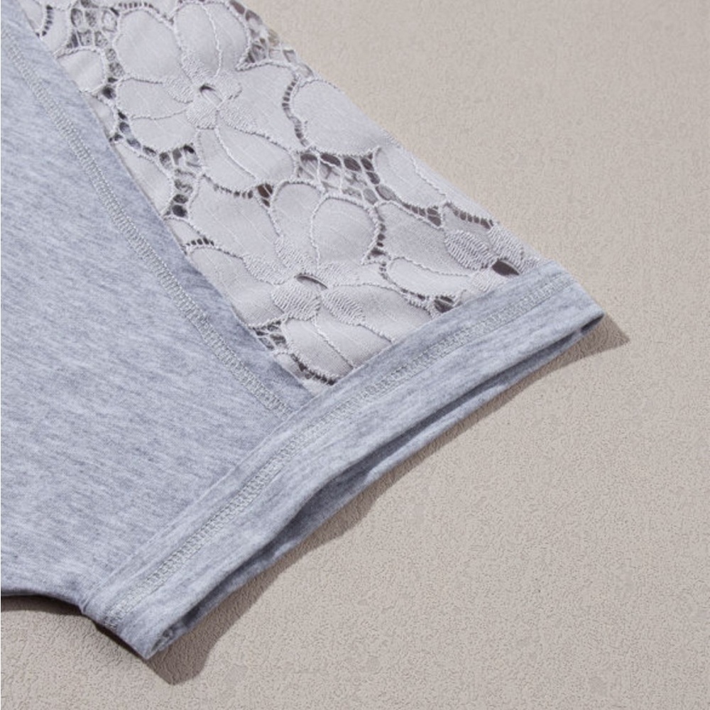 Light Gray Lace Floral Patchwork Ruffled T-Shirt Dress - Picture 8 of 9